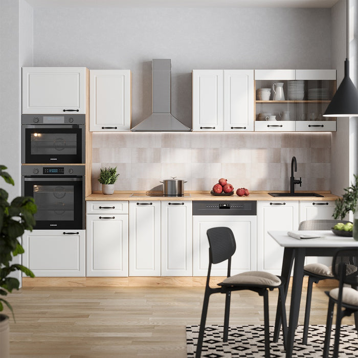 Vicco Cucina componibile Casa di campagna bianca/quercia dorata 300 cm con armadio alto, PL Rovere
