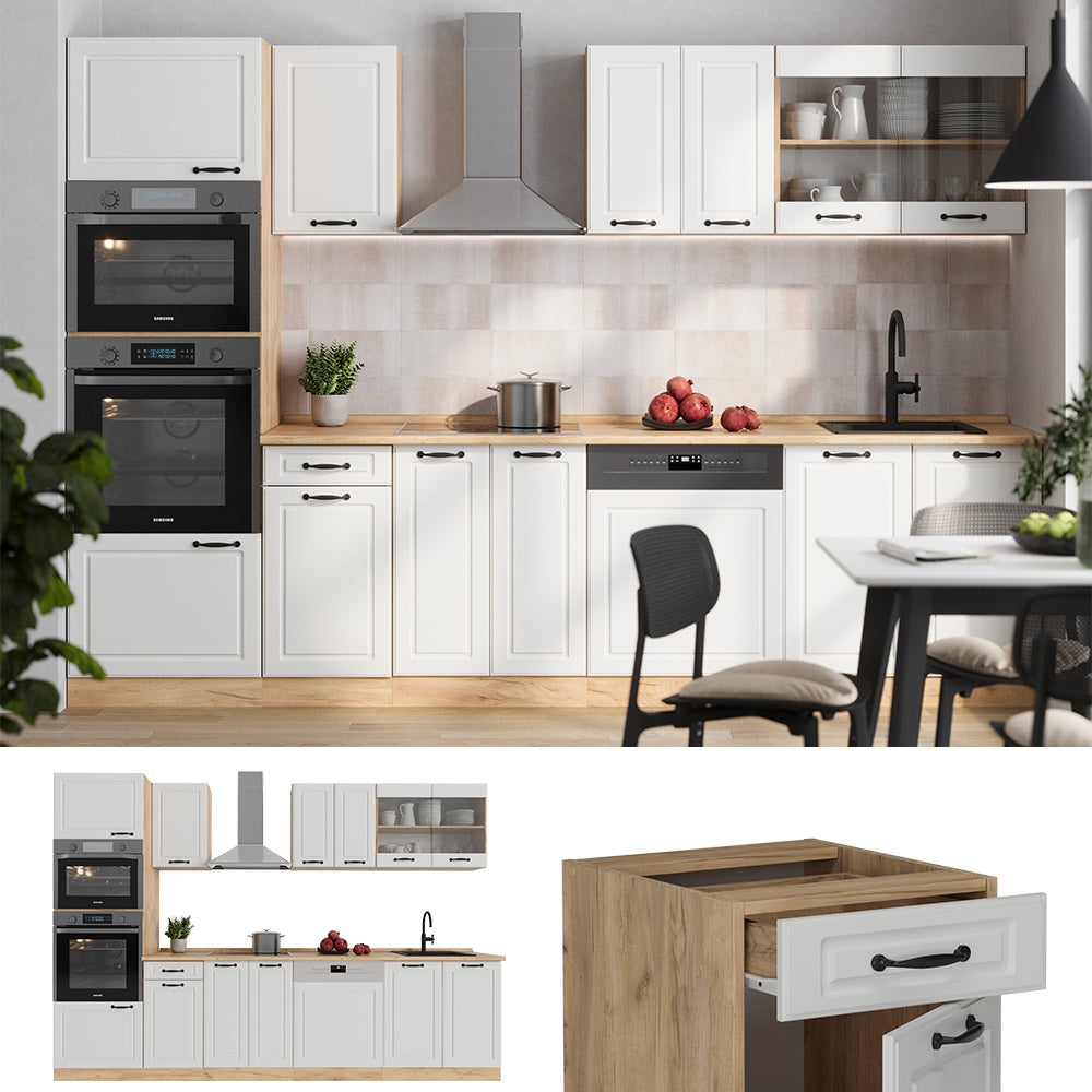 Vicco Cucina componibile Casa di campagna bianca/quercia dorata 300 cm con armadio alto, PL Rovere