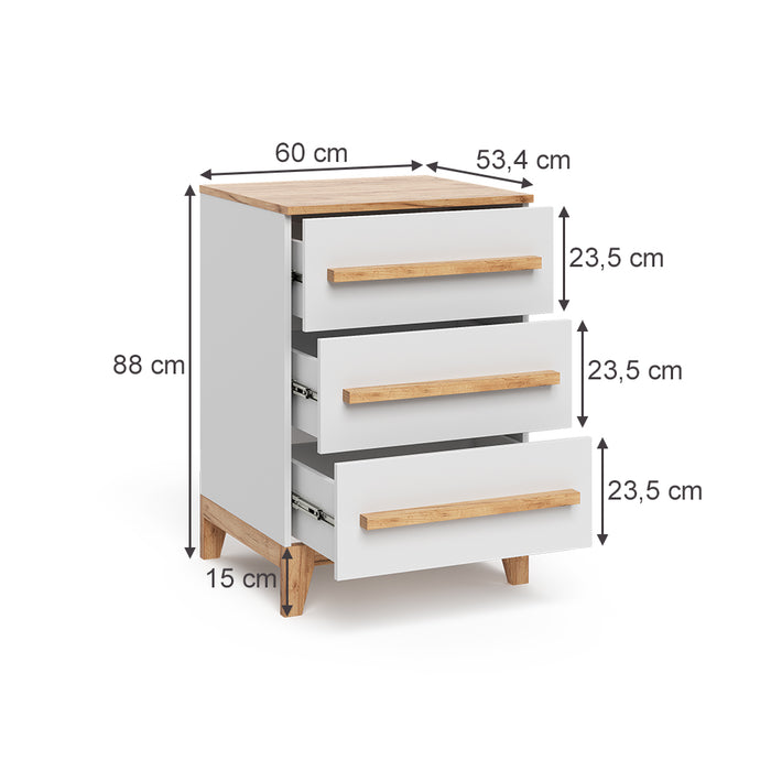 Vitalispa Cassettiera per camera da letto Bianco/Artisan 60 x 88 cm con 3 cassetti