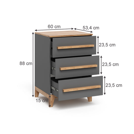 Vitalispa Cassettiera per camera da letto Grigio/Artisan 60 x 88 cm con 3 cassetti