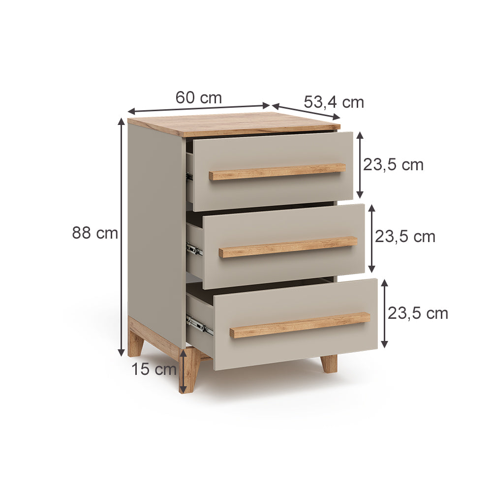 Vitalispa Cassettiera per camera da letto Cachemire 60 x 88 cm con 3 cassetti