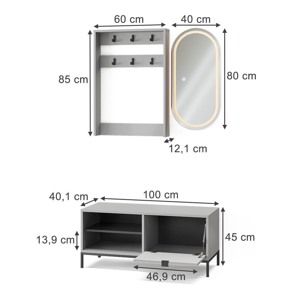 Vicco Armadio da ingresso Grigio 100 x 45 cm Set, 3 parti