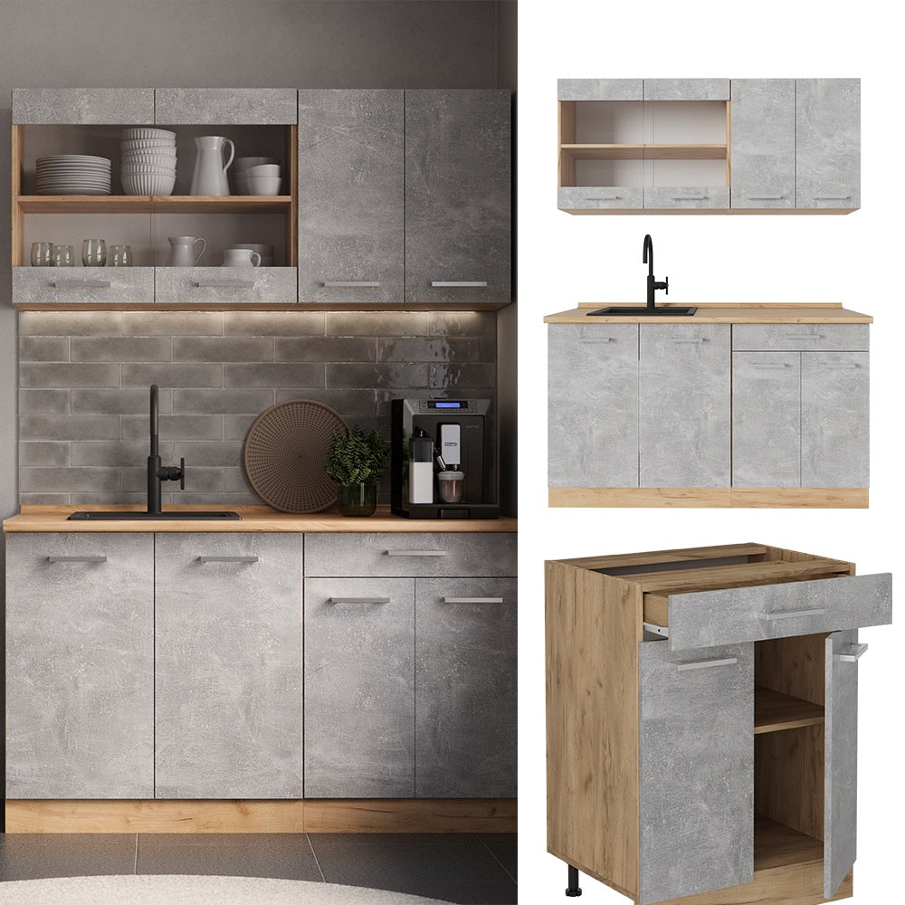 Vicco Cucina monoblocco Calcestruzzo/quercia dorata 140 cm , PL Rovere