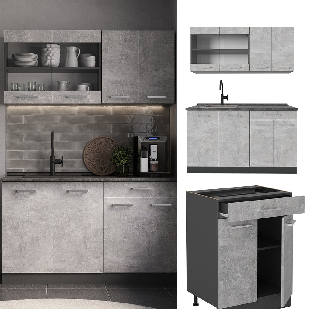 Vicco Cucina monoblocco Calcestruzzo/antracite 140 cm , PL Rovere