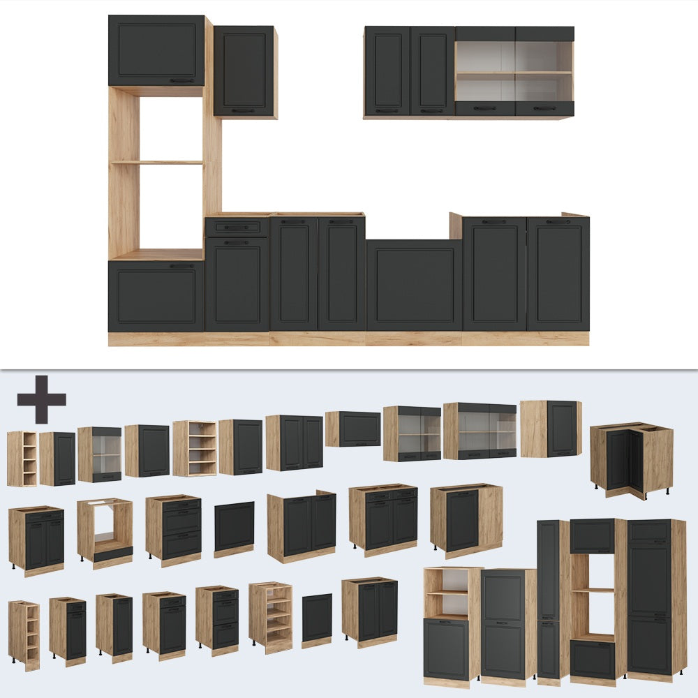 Vicco Cucina componibile Antracite casa di campagna/rovere dorato 300 cm con armadio alto, PL Rovere
