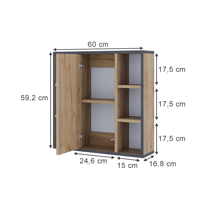 Vicco Specchio contenitore bagno Quercia dorata 60 x 59.2 cm Con ripiani e porta a specchio