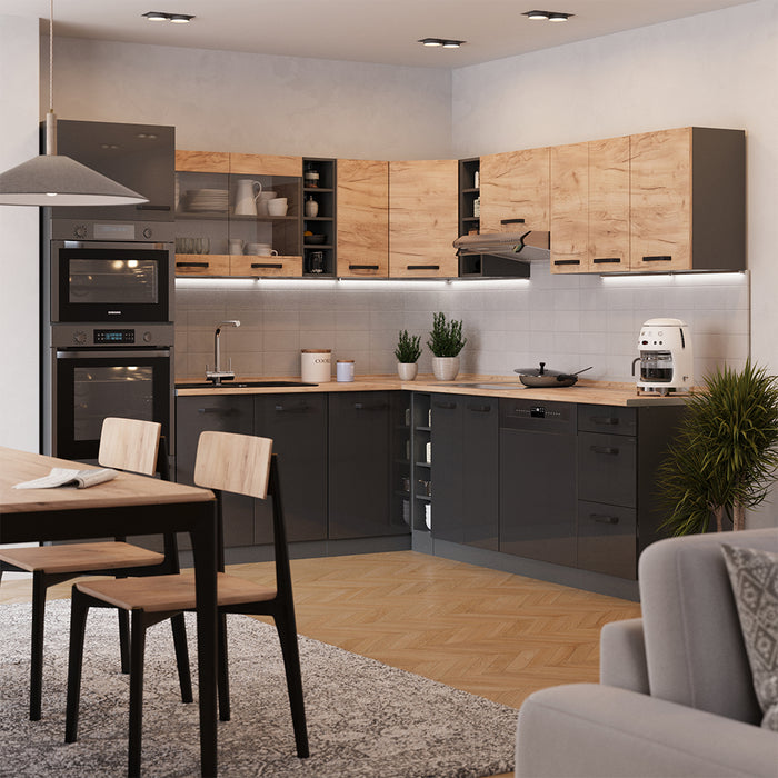 Vicco Cucina angolare completa Quercia dorata/antracite 247 x 60 cm mobili bicolore, PT Rovere