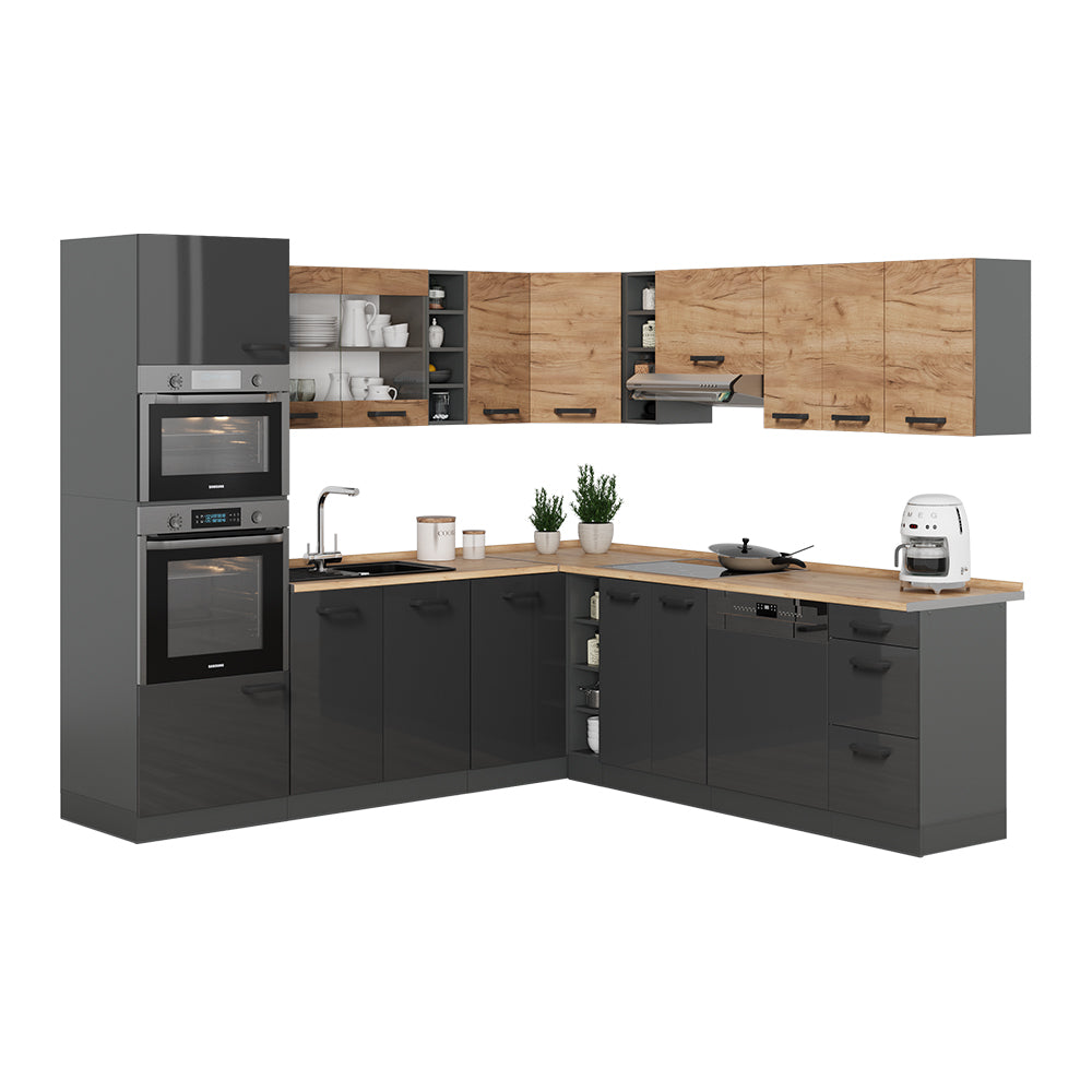 Vicco Cucina angolare completa Quercia dorata/antracite 247 x 60 cm mobili bicolore, PT Rovere