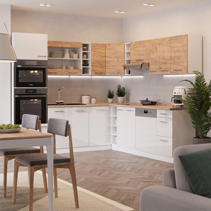 Vicco Cucina angolare completa Quercia dorata/bianco 247 x 60 cm mobili bicolore, PT Rovere