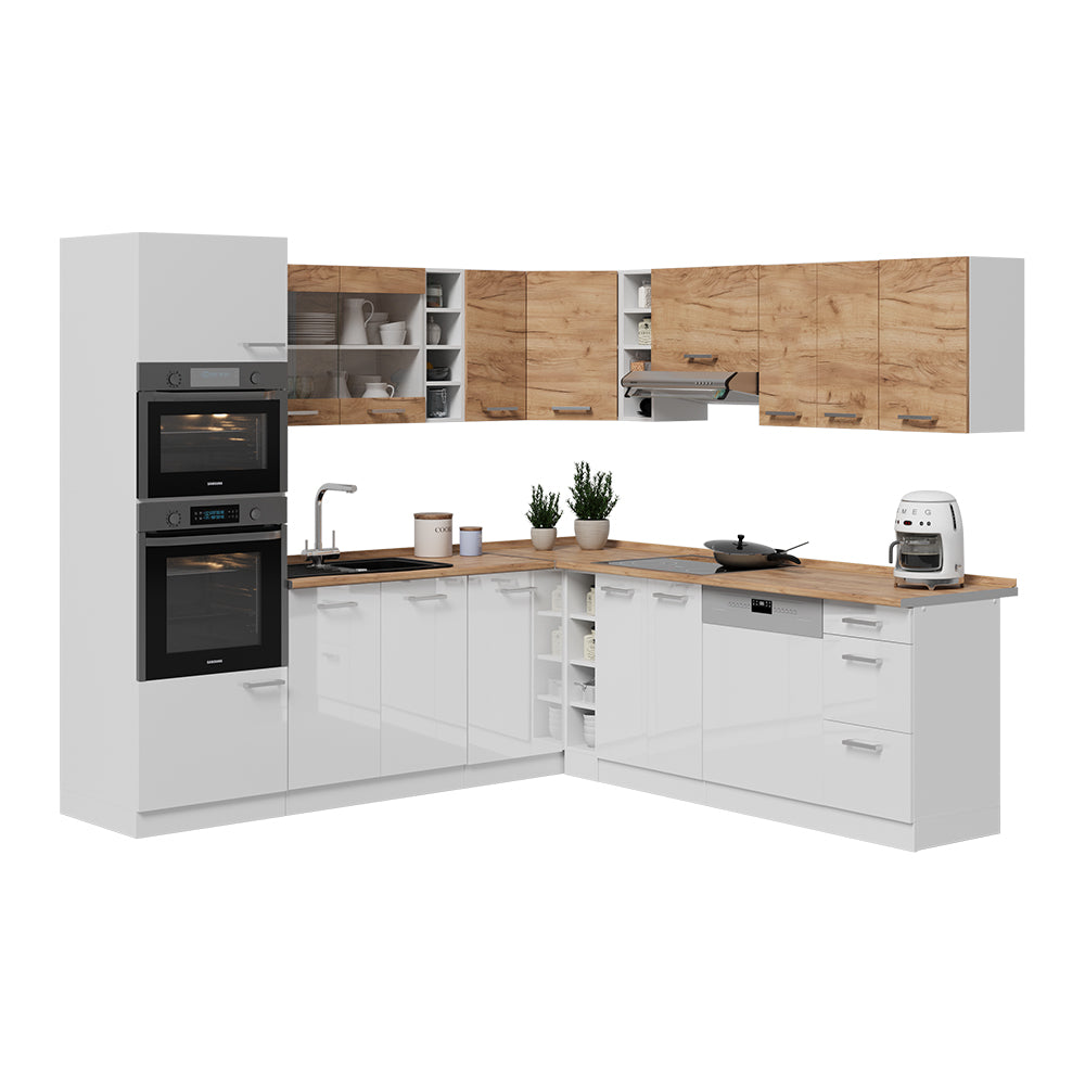 Vicco Cucina angolare completa Quercia dorata/bianco 247 x 60 cm mobili bicolore, PT Rovere