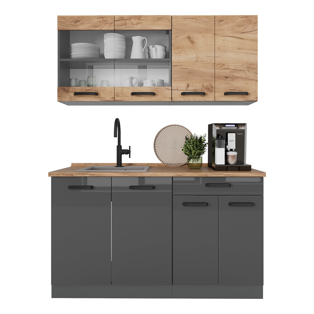 Vicco Cucina monoblocco Quercia dorata/antracite 140 cm mobili bicolore, PT Rovere
