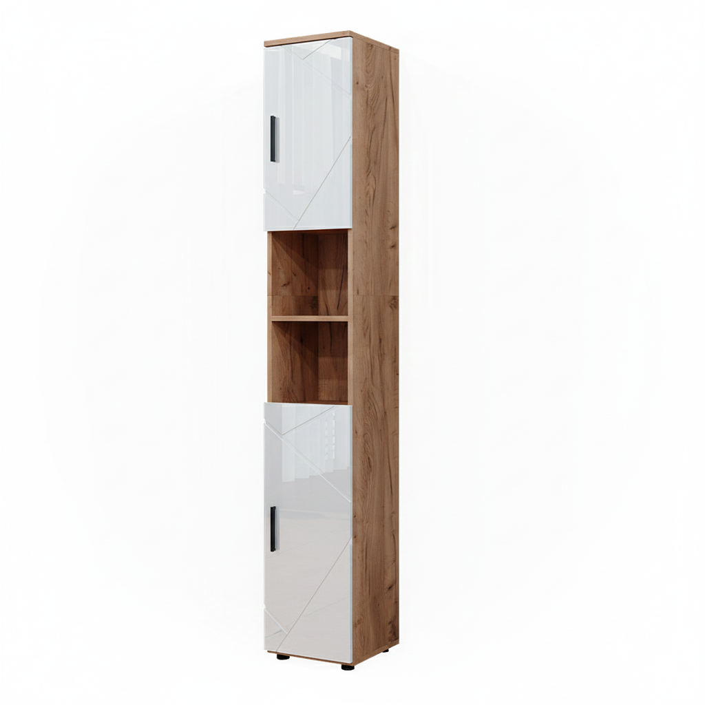 Vicco Armadio per il bagno Bianco lucido/oro power oak 30 x 192 cm con ante e vani a giorno