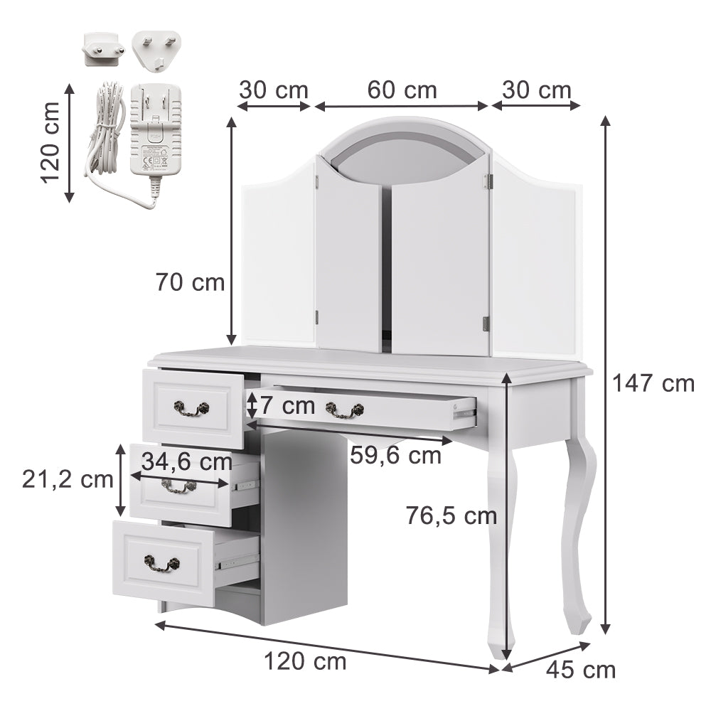 Vicco Tavolo da toeletta Bianco 120 cm con illuminazione LED dimmerabile