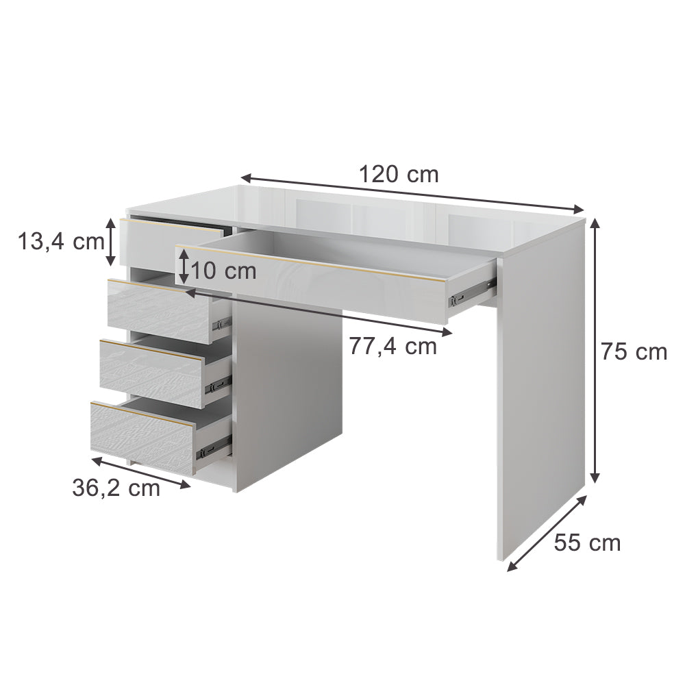 Vicco Scrivania Bianco lucido 55 x 120 cm con cassetti