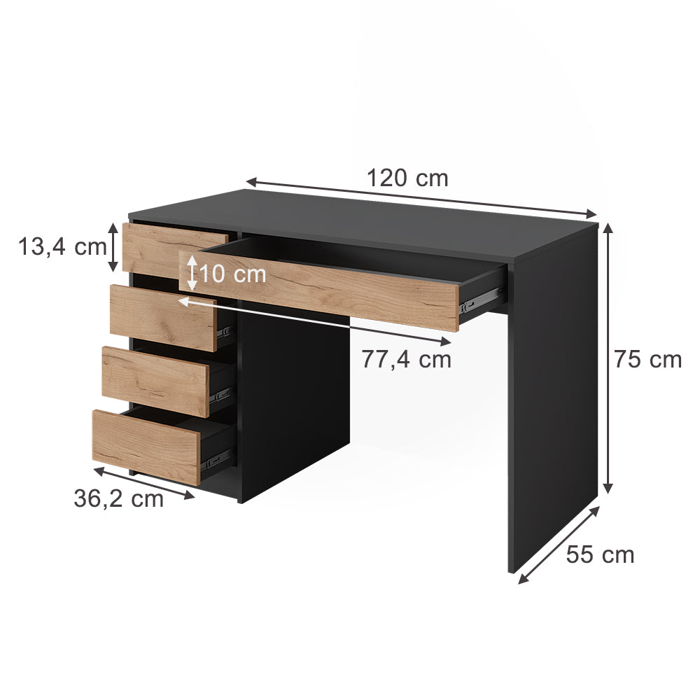 Vicco Scrivania Antracite/quercia dorata 55 x 120 cm con cassetti