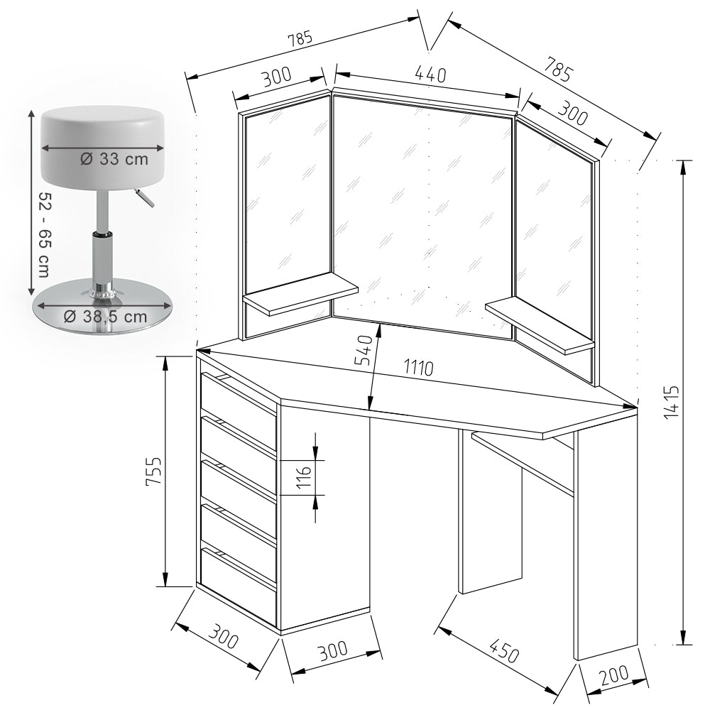Vicco Tavolo da trucco ad angolo Bianco 110 cm con sgabello