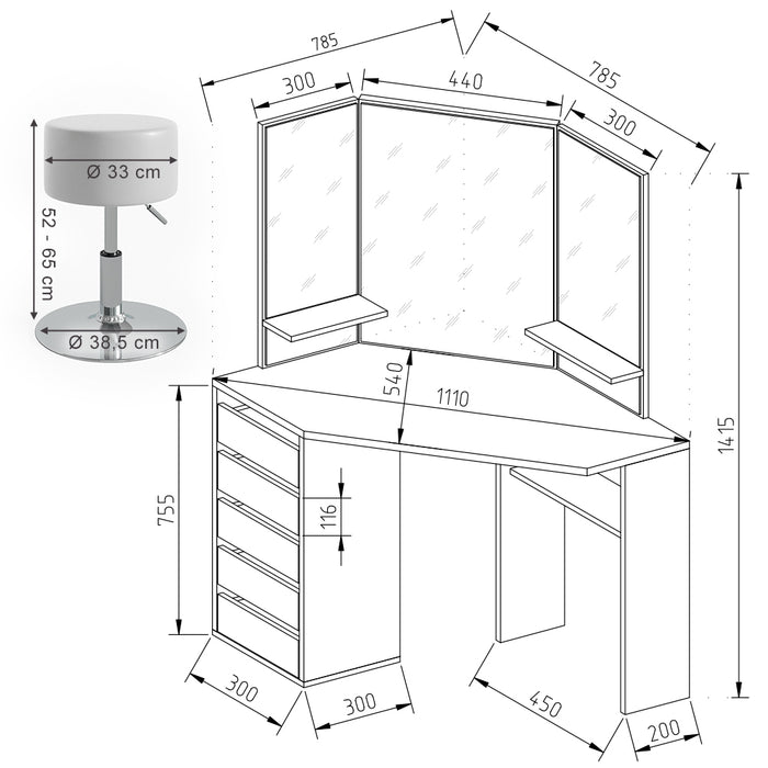 Vicco Tavolo da trucco ad angolo Bianco 110 cm con sgabello