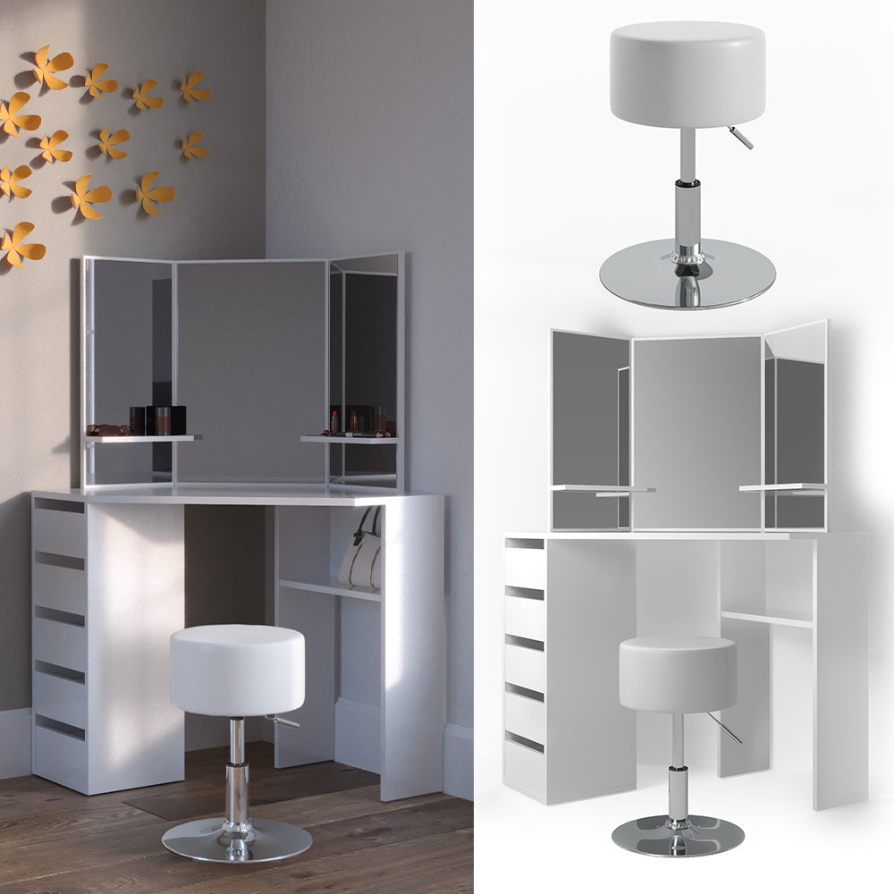 Vicco Tavolo da trucco ad angolo Bianco 110 cm con sgabello