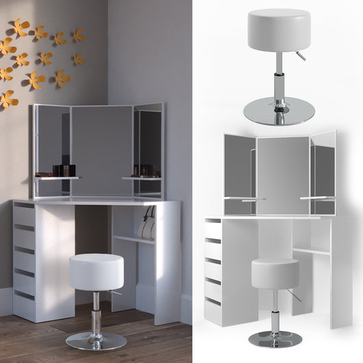 Vicco Tavolo da trucco ad angolo Bianco 110 cm con sgabello