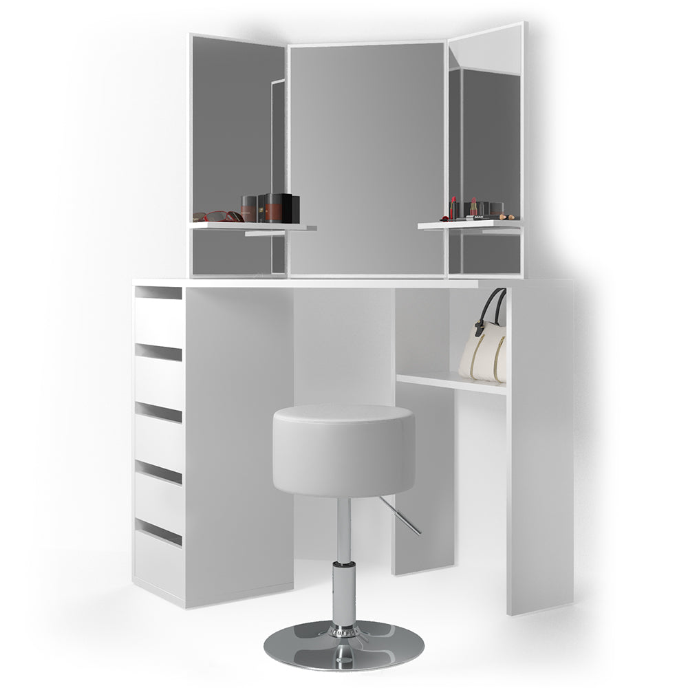 Vicco Tavolo da trucco ad angolo Bianco 110 cm con sgabello