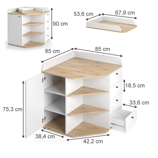 Vicco Fasciatoio Bianco/Artisan 85 x 90 cm con ripiani e cassetti