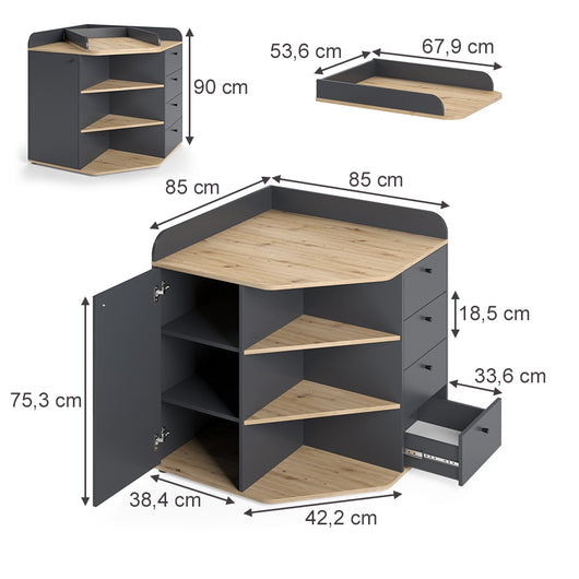 Vicco Fasciatoio Antracite/Artisan 85 x 90 cm con ripiani e 4 cassetti
