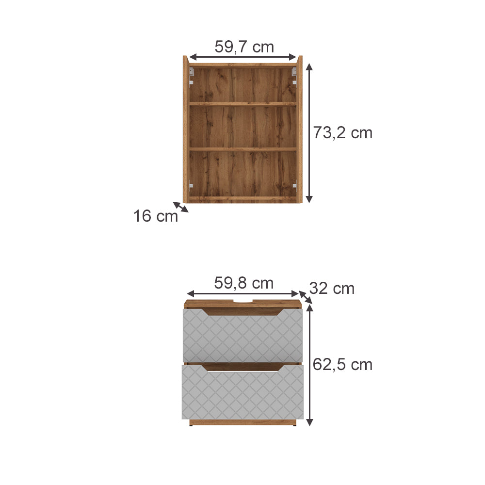 Vicco Set di mobili da bagno Rovere/grigio con struttura in piastrelle 2 parti