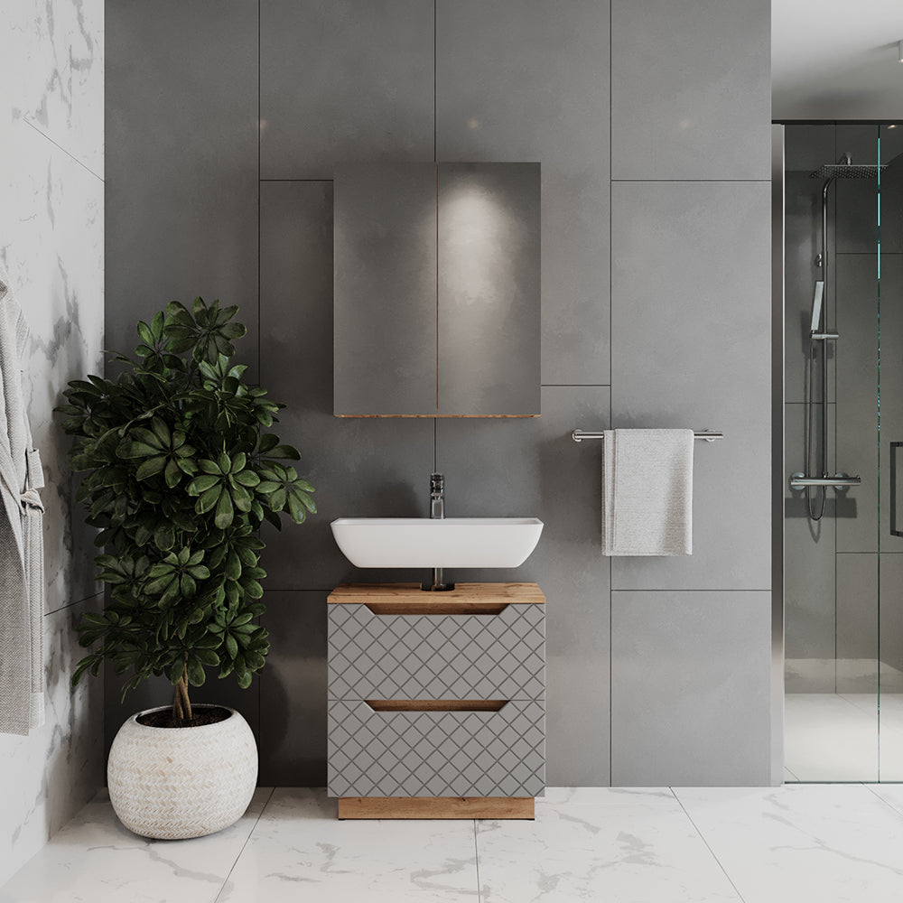 Vicco Set di mobili da bagno Rovere/grigio con struttura in piastrelle 2 parti