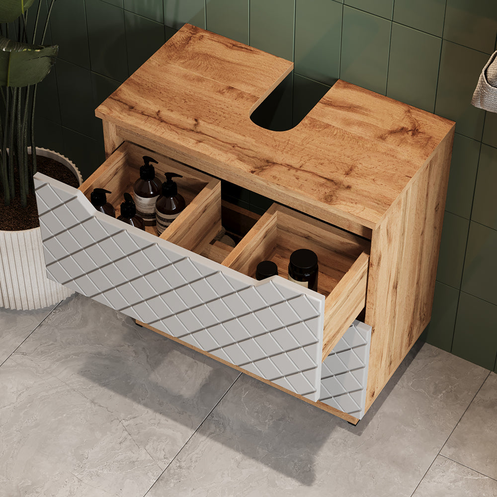 Vicco Set di mobili da bagno Rovere/grigio con struttura in piastrelle 2 parti