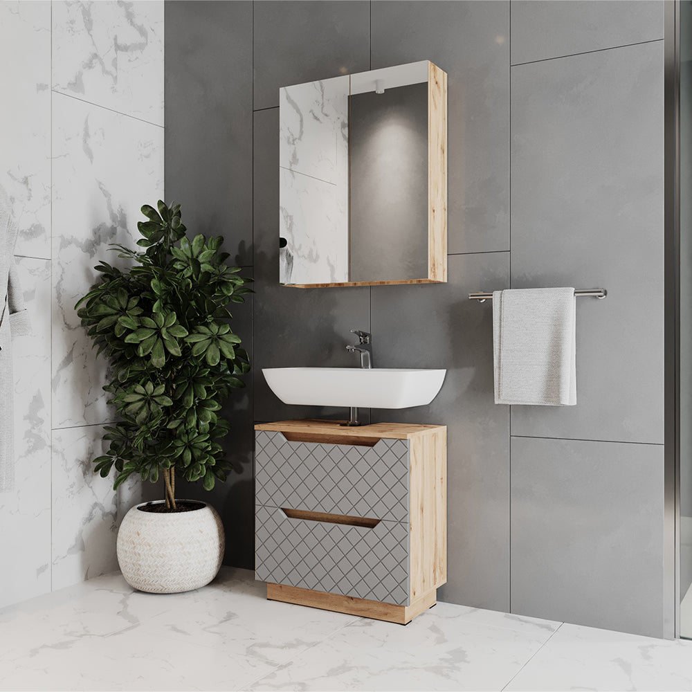 Vicco Set di mobili da bagno Rovere/grigio con struttura in piastrelle 2 parti