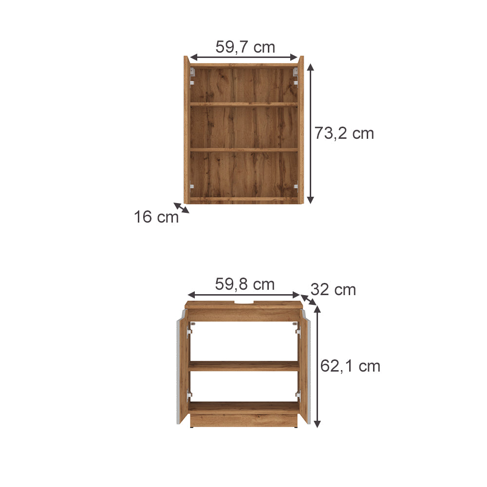 Vicco Set di mobili da bagno Rovere/grigio con struttura in piastrelle 2 parti