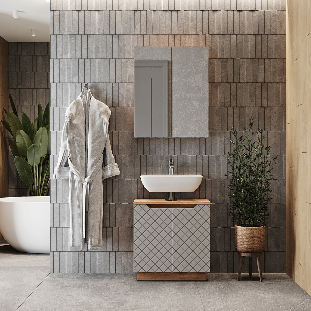 Vicco Set di mobili da bagno Rovere/grigio con struttura in piastrelle 2 parti