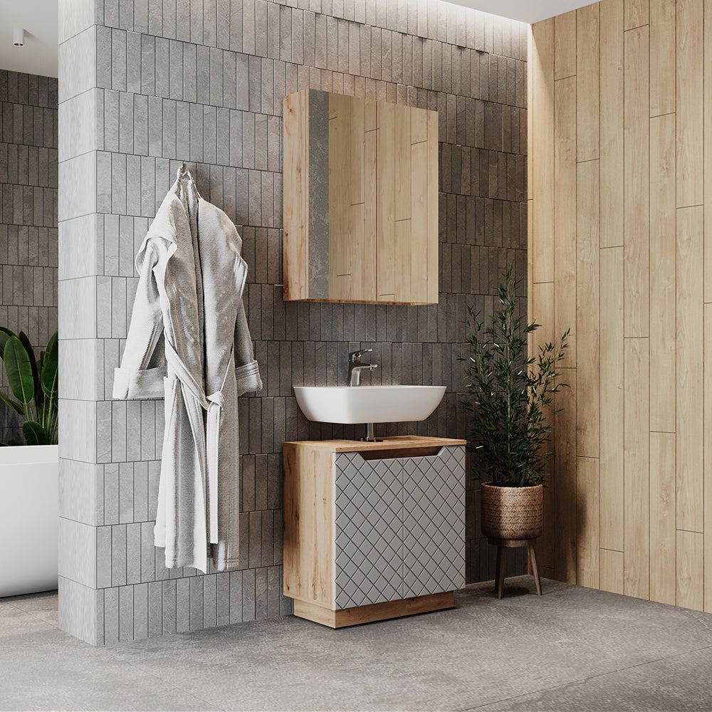 Vicco Set di mobili da bagno Rovere/grigio con struttura in piastrelle 2 parti