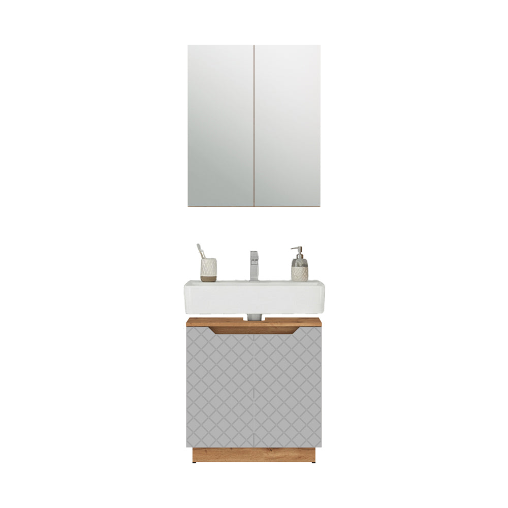 Vicco Set di mobili da bagno Rovere/grigio con struttura in piastrelle 2 parti