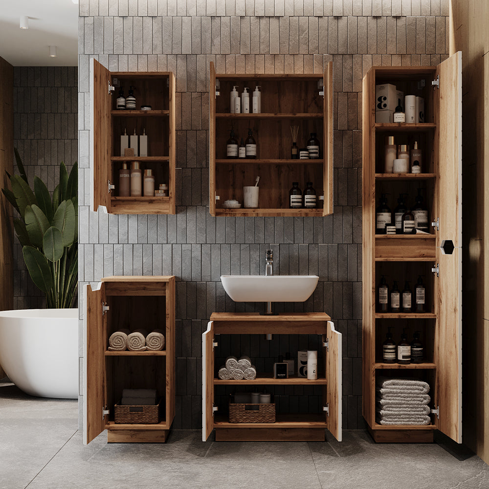 Vicco Set di mobili da bagno Rovere/bianco con struttura in piastrelle 2 parti