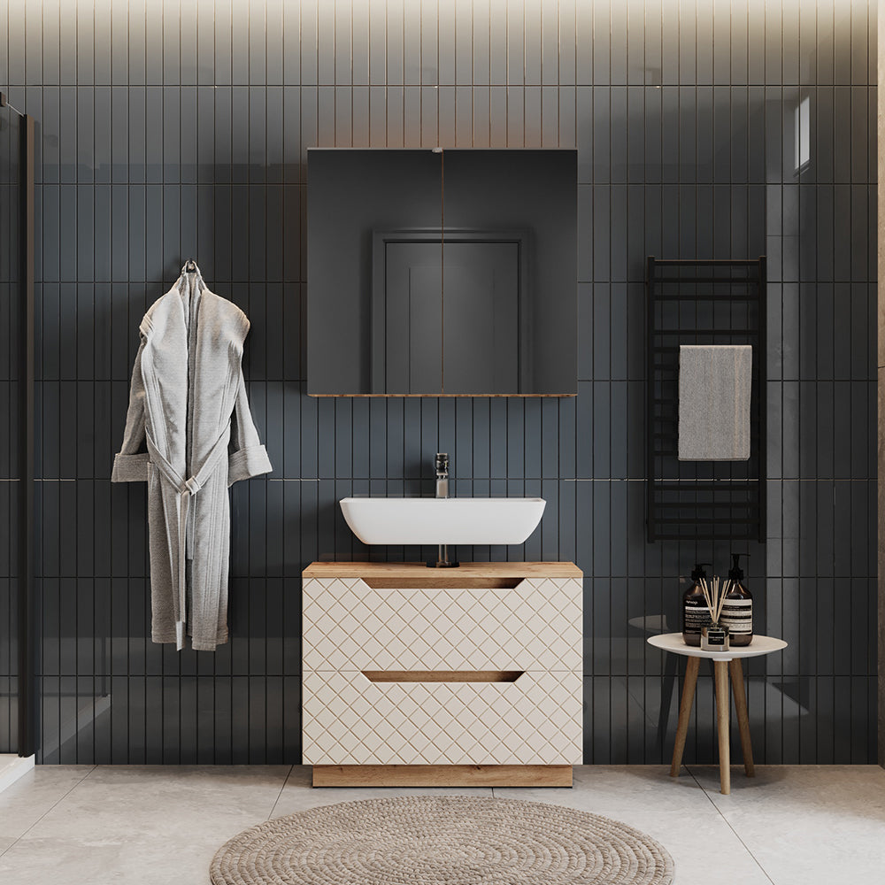 Vicco Set di mobili da bagno Rovere/cashmere con struttura in piastrelle 2 parti