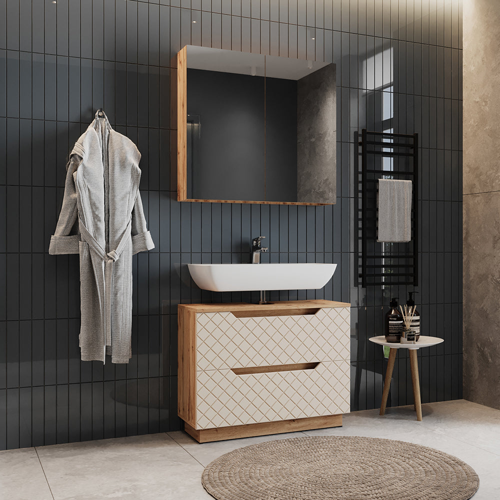 Vicco Set di mobili da bagno Rovere/cashmere con struttura in piastrelle 2 parti