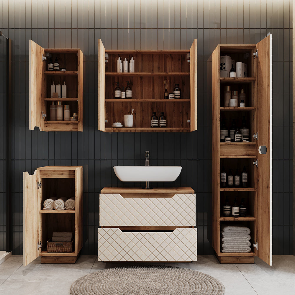 Vicco Set di mobili da bagno Rovere/cashmere con struttura in piastrelle 2 parti