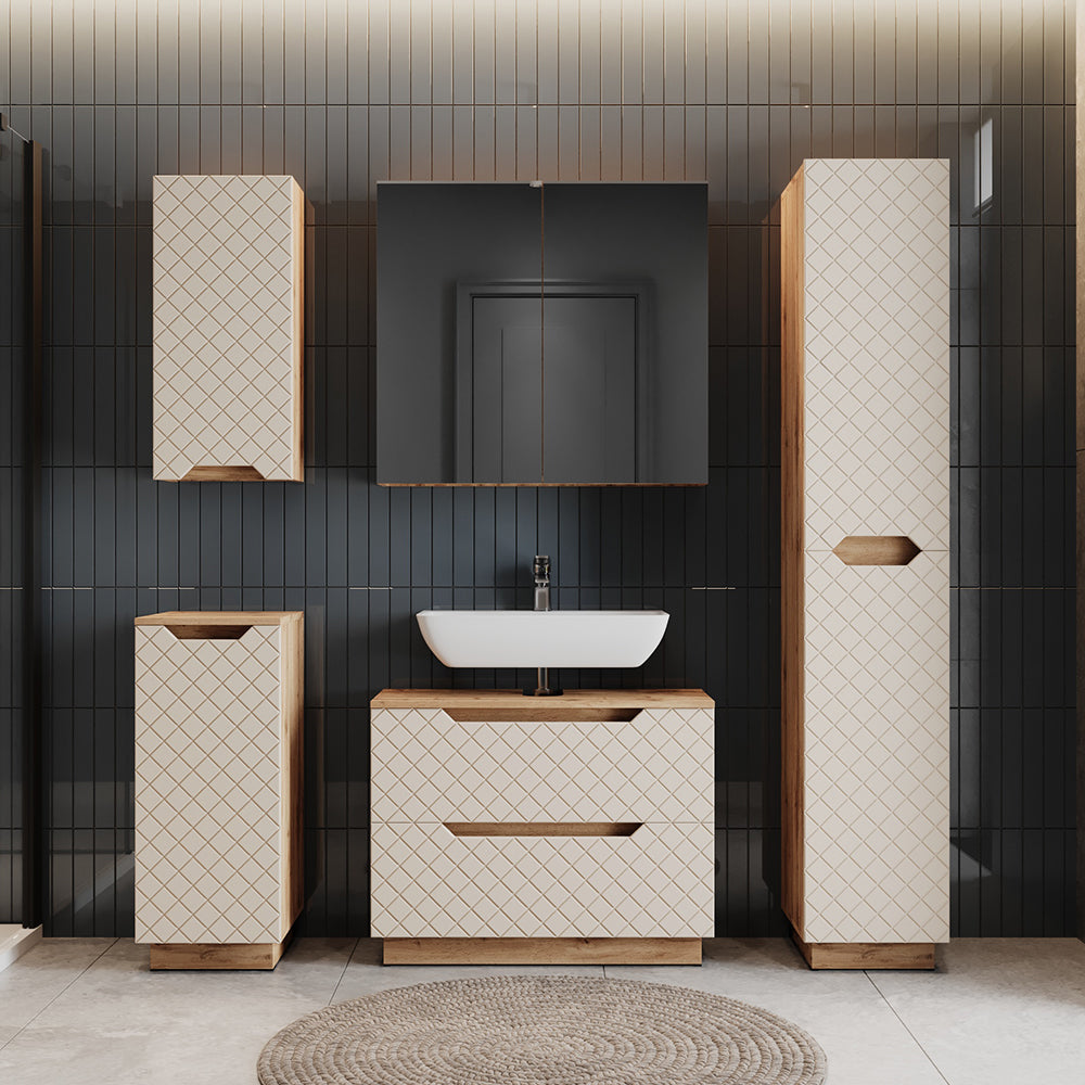 Vicco Set di mobili da bagno Rovere/cashmere con struttura in piastrelle 2 parti