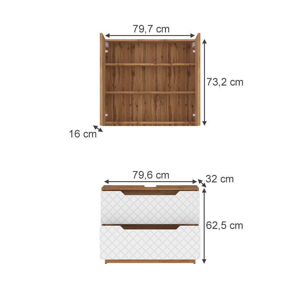 Vicco Set di mobili da bagno Rovere/bianco con struttura in piastrelle 2 parti