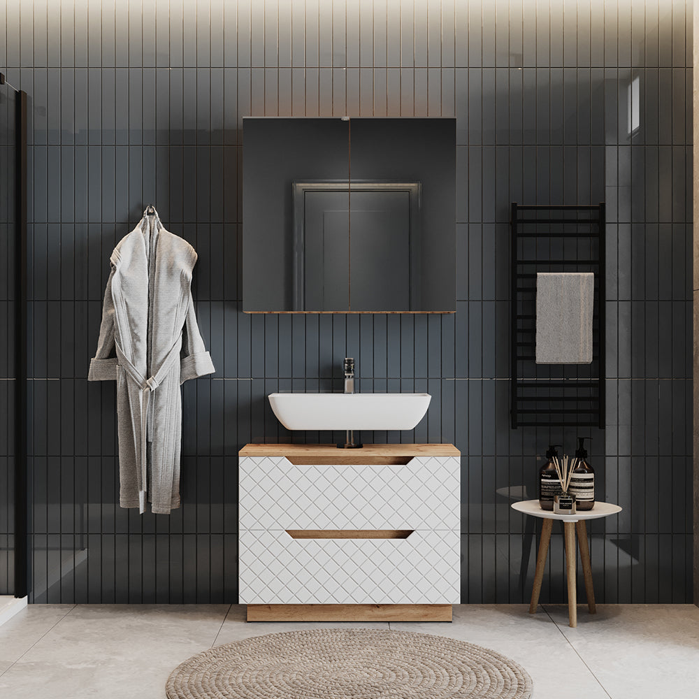 Vicco Set di mobili da bagno Rovere/bianco con struttura in piastrelle 2 parti