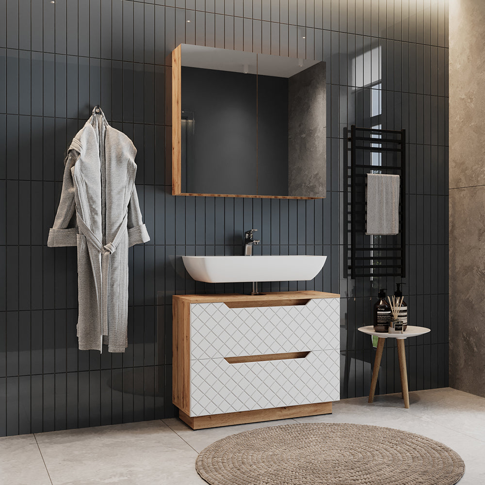 Vicco Set di mobili da bagno Rovere/bianco con struttura in piastrelle 2 parti