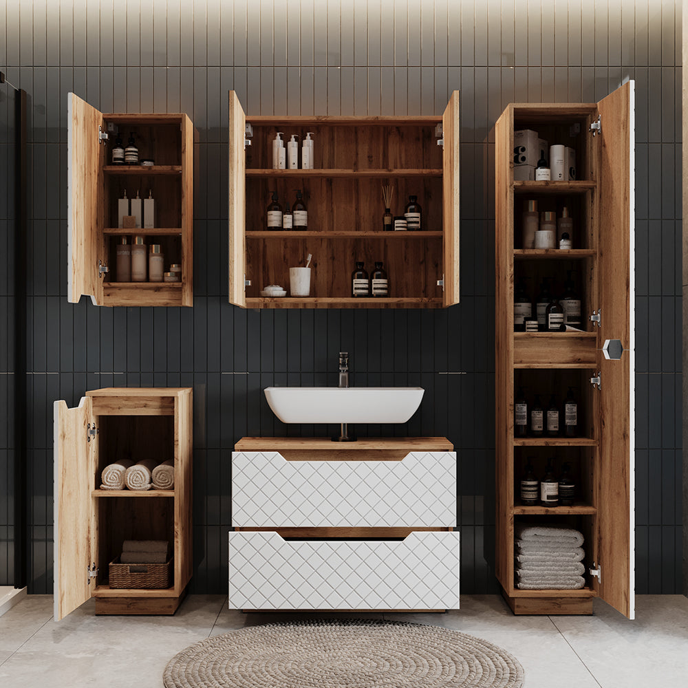 Vicco Set di mobili da bagno Rovere/bianco con struttura in piastrelle 2 parti