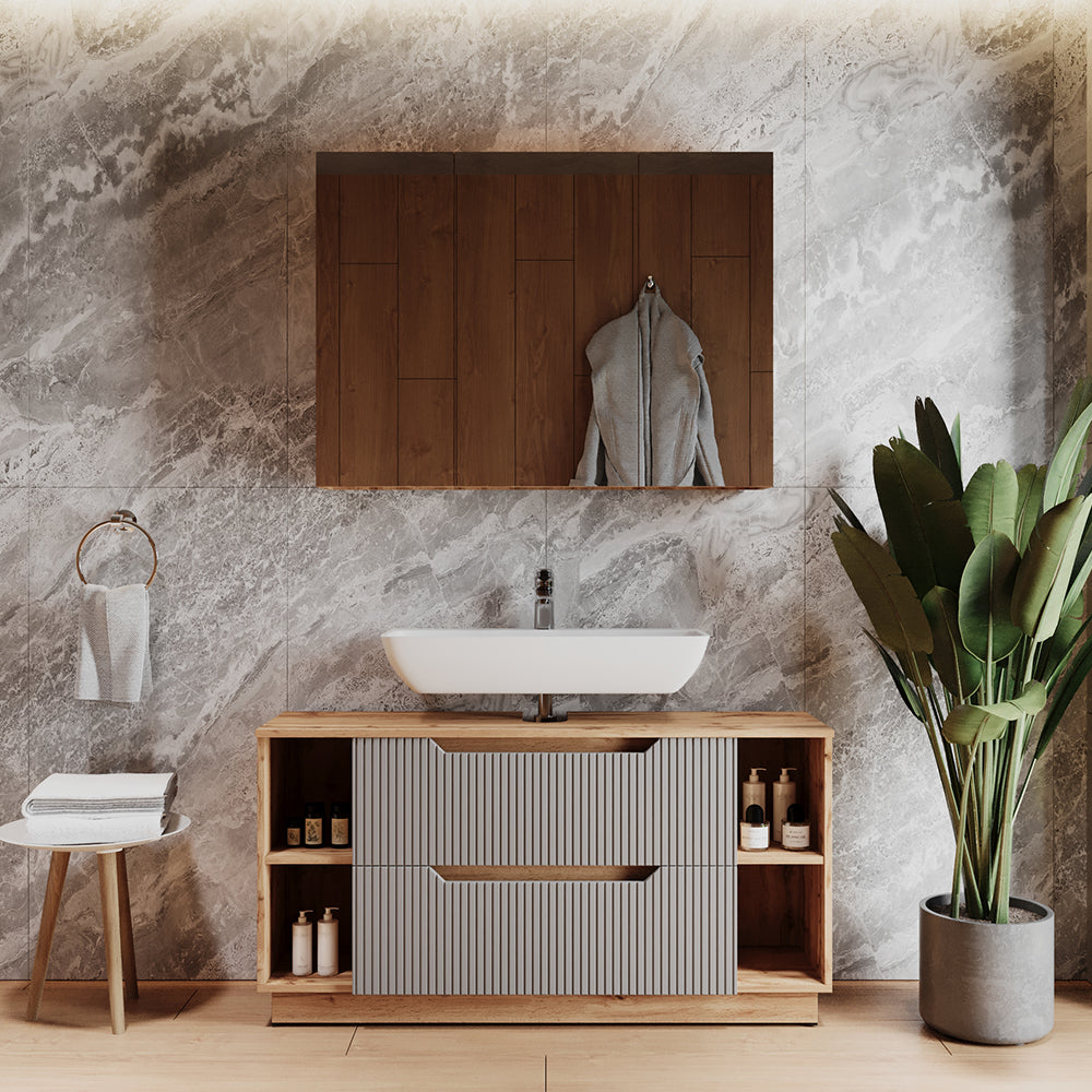 Vicco Set di mobili da bagno Rovere/grigio a righe 2 parti