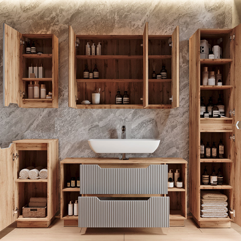 Vicco Set di mobili da bagno Rovere/grigio a righe 2 parti