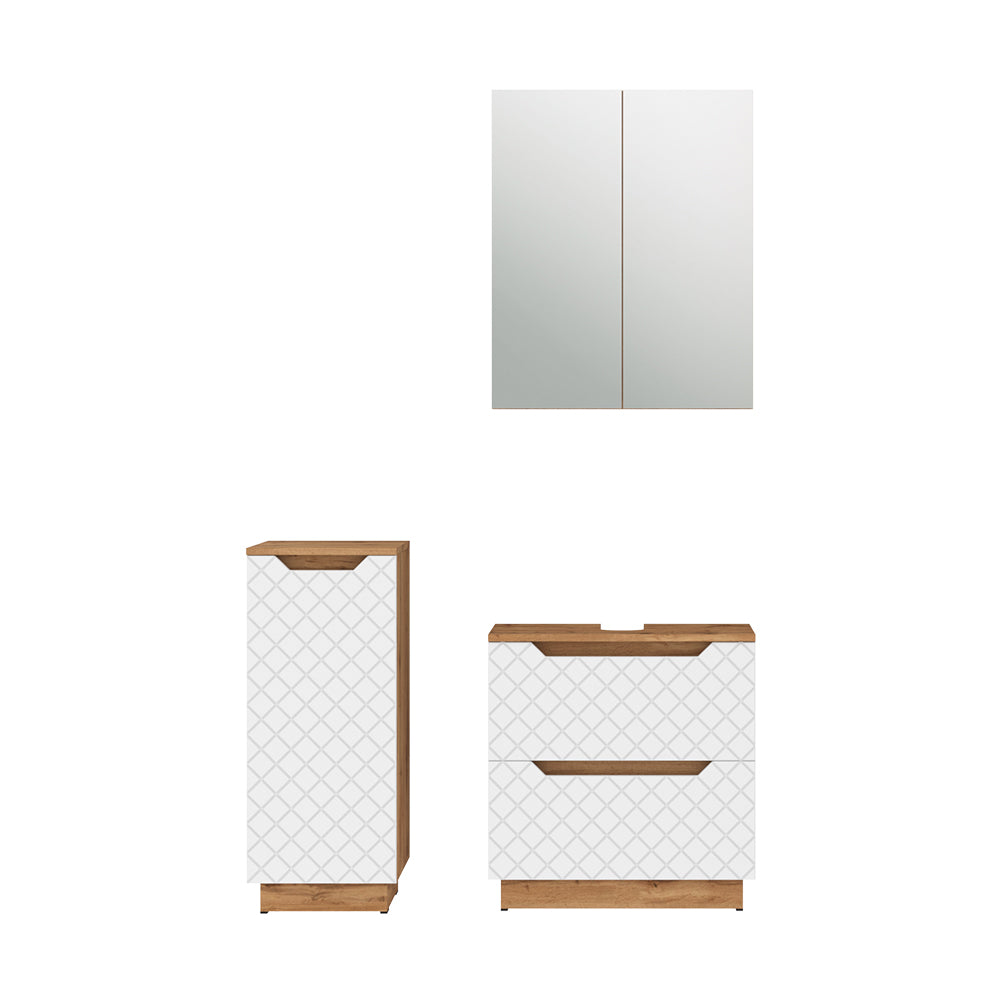 Vicco Set di mobili da bagno Rovere/bianco con struttura in piastrelle 3 parti