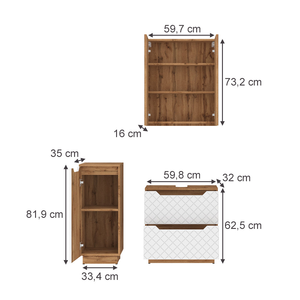 Vicco Set di mobili da bagno Rovere/bianco con struttura in piastrelle 3 parti