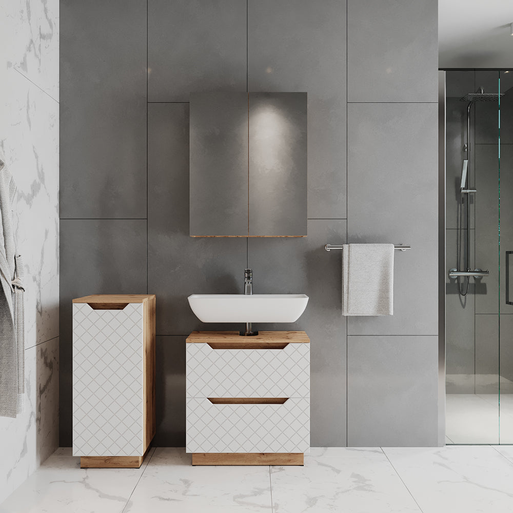 Vicco Set di mobili da bagno Rovere/bianco con struttura in piastrelle 3 parti