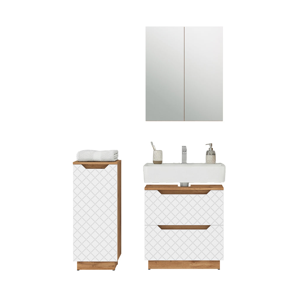 Vicco Set di mobili da bagno Rovere/bianco con struttura in piastrelle 3 parti