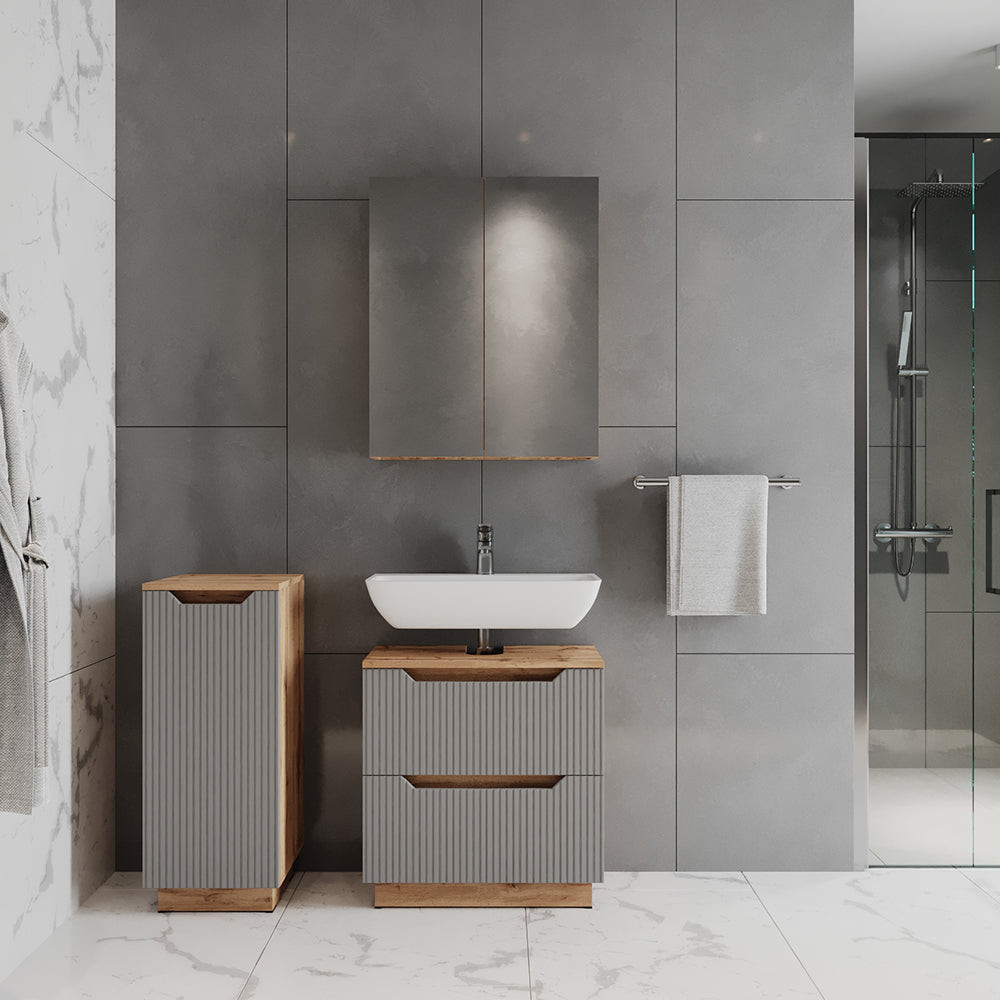 Vicco Set di mobili da bagno Rovere/grigio a righe 3 parti